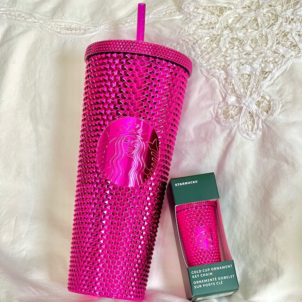 Starbucks Holiday 2022 Magenta tumbler and keychain ornament
